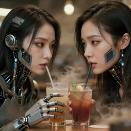 cinestill 5 0 d photographic portrait of two android women sharing a drink at a cafe in cyberpunk china, extreme closeup, modern cyberpunk, dust storm, 8 k, hd, high resolution, 3 5 mm, f / 3 2, ultra realistic faces, intricate detail, ex machina