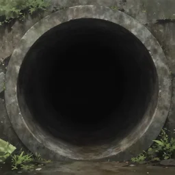 outside a dark sewer entrance, entrance to a dark tunnel, black circle, black round hole, black depths, anime