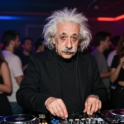 color photograph of focused serious looking Albert Einstein DJ at a nightclub, in color, color photograph, colors