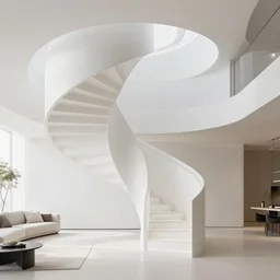 modern spiral - staricase in a white, zen, clean, minimalist livingroom