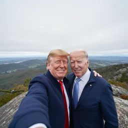 selfie taken by donald trump with joe biden hugging while hiking wide angle