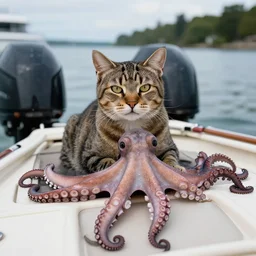 an aging male tabby cat drives a boat with motors powered by octopus