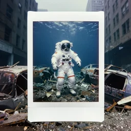underwater photographs of american white spacesuit chubby astronaut in postapocalyptic abandoned destroyed deep sea times square, wrecked buildings, destroyed flipped wrecked cars, underwater polaroid photo, vintage, neutral colors, underwater, by shawn heinrichs and brian skerry