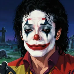 michael jackson!!!! realistic dramatic !big face realistic close up concept art  of michael jackson crying clown as a dragon ball Z  character,dark eye sockets,  graveyard landscape at night , 4k anime character illustration by akira toriyama, artstation