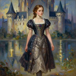 emma watson as a beautiful young girl in intricate clothing by ross tran, walking in a castle painted by sana takeda, rtx reflections, very high intricate details, painting, digital anime art, medium shot, mid - shot, composition by ilya kuvshinov, lighting by greg rutkowski