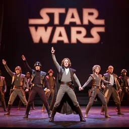 Production photo of Star wars the musical on broadway, dancing, star wars costumes by Julie Taymor, set design by Julie Taymor