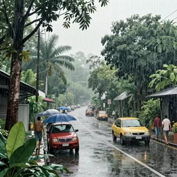 monsoon rain on a busy jungle street by dan seagrave art and Moebius