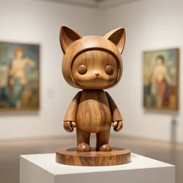 3D octane render ultra 8K photorealistic hyperdetailed unreal engine , a wooden sculpture, art toys on a pedestal , a very cute mystical robot of the bohemian with cat’s ears in a zen , concept art , trending on cgsociety ,artwork masterpiece , in a contemporary art gallery in neo Paris by Alphonse Mucha