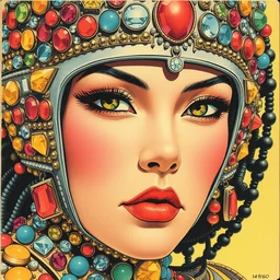 risograph grainy drawing vintage sci - fi, satoshi kon color palette, gigantic beautiful bejeweled armored woman full - body covered in colourful gems, 1 9 6 0, kodak, metal wires, natural colors, codex seraphinianus painting by moebius and satoshi kon and alberto mielgo close - up portrait
