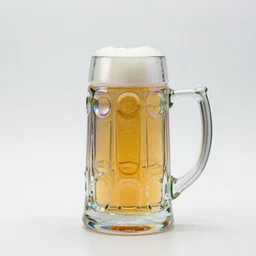 holographic beer stein, high detail macro photography, isolated on a pure white background, centered, entire object in frame, sharp focus, soft studio lighting
