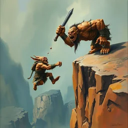 an orc throwing goblin off cliff. highly detailed, digital painting, watercolor, soviet realism, engraving, artstation, concept art, smooth, sharp focus, vivid grunge, manga, illustration, unreal engine 5, 8 k, art by bilibin and kuvshinov and malevich and mucha