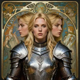 masterpiece head-on symmetrical centered portrait, Imogen Poots and Elisha Cuthbert as a Warcraft paladin, Elden Ring style, wearing steel plate armour over chest, blonde hair, masterpiece art nouveau background, elegant, Pre raphaelite art style, in the style of Edgar Maxence and Ross Tran and Zdzisław Beksiński and Gustave Doré and H.R. Giger and Mucha, specular highlights, 8k, octane render