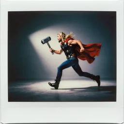 a polaroid photograph of Thor running after his hammer, dressed in jeans