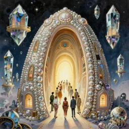 delicate retro scifi illustration by charles vess and jean moebius giraud of a large group of people entering the glowing doorway of a massive vulva - shaped temple constructed of carved iridescent pearls and house - sized crystals of impossible architecture floating in the astral plane, trending on cgsociety.