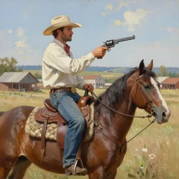 hyper realistic oil painting of a cowboy on his horse while holding his revolver looking at the distance the background is a small town the weather is sunny