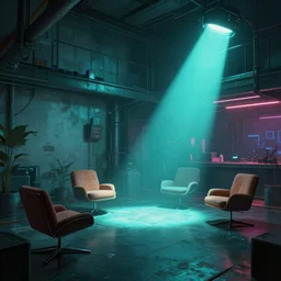 concept art of cyberpunk 2 0 7 7 loft environment, few chairs, neon, by marta leydy, highly detailed, 8 k, hdr, studio, matte painting, digital illustration, artstation, turquoise soft volumetric light