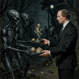 aliens in black handing over artifacts to a politician, night scene, inspired by hieronymus bosch, concept art