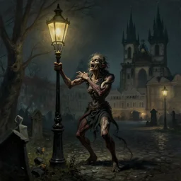 a grimdark fantasy painting of a twisted caricature of compassion in the form of an envious hungry street lamp in the darkened streets of prague at midnight in the 1 7 0 0 s, graveyard, dancing evil streetlamps, realistic, vraytracing, art deco