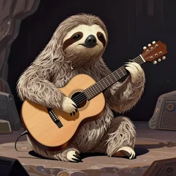 realistic bipedal sloth, long airy fur, human face, playing a guitar, on a rock stage, in the style of noriyoshi ohrai, archibald thorburn, stylized, ornately detailed, chromatic aberration