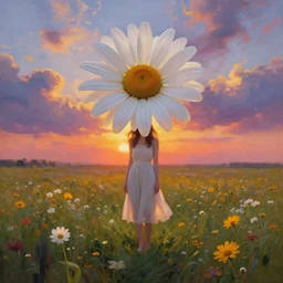 giant daisy flower on the head, full body girl standing in a flower field, surreal photography, sunrise, dramatic light, impressionist painting, colorful clouds, digital painting, artstation, simon stalenhag