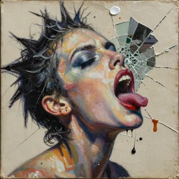 blowing head of a traitor biting lips detailed mixed media collage with canvas texture in style of contemporary art, punk art, photorealism, sensual bodies, expressionism, masterpiece, perfect composition, spectacular quality, intricate oil details, broken glass photo, torn paper intricate texture, large cracks, liquid glue spots