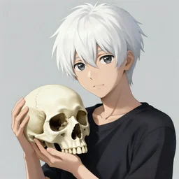 boy with white hair holding skull, by makoto shinkai, greg rutkowski, artstation, high detailed, cgsociety,