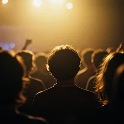 a 2 8 mm macro photo from the back of a crowd at a rnightclub in silhouette in the 1 9 7 0 s, bokeh, canon 5 0 mm, cinematic lighting, dramatic, film, photography, golden hour, depth of field, award - winning, 3 5 mm film grain