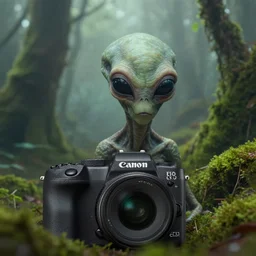 a closeup of an alien, in a foggy mossy forest, by Omar Z. Robles, CANON Eos C300, ƒ1.8, 35mm, 8K, medium-format print
