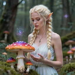 beautiful blonde woman with plaits, forest fae, psychedelic mushrooms, magic, mystical, white witch, photorealistic