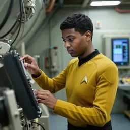 young starfleet ensign working in the engine room