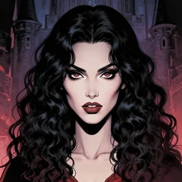 artgerm, joshua middleton comic cover art, pretty kacey rohl vampire, symmetrical eyes, symmetrical face, long curly black hair, dark castle background background, cinematic lighting