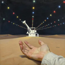 painting by dean cornwell, ilya repin, nc wyeth painting, ultra wide, vanishing point, 3 d perspective, the hand of the desert!!!!!!!!!!, white machinery, midnight, colorful lightbulb festoon lights