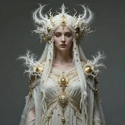 portrait of beautiful woman | full medium shot | front close - up | head on | dressed in long rags, mystical godess, ethereal, biblically accurate goddess, fractal, ornaments of white gold in your clothes, evil, artistically realistic, octane render, fine art, intrincate. by peter mohrbacher, marc simonetti and anna podedworna