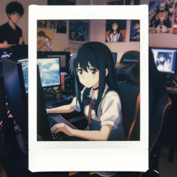 a film still polaroid portrait of a young gamersgirl at a gaming pc, finely detailed features, perfect art, busy room, hd, gapmoe yandere grimdark, trending on pixiv fanbox, focussed painted by ilya kushinov makoto shinkai takashi takeuchi studio ghibli, akihiko yoshida, sachin teng, huang guangjian, artstation