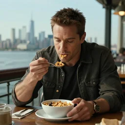 jc denton from deus ex videogame eats cereal at a table near liberty island, highly detailed, 4 k, hd