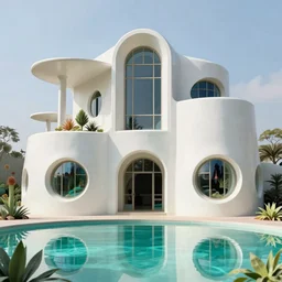 highly detailed futuristic architecture by Frank Lloyd Wright and Salvador Dalí, reflective lighting, holographic, stylized vegetation, ground-level view, puddles of turquoise water, stunning sunny lighting, sunrise, vivid colors, in the style of pixar animation, trending on Artstation, 8k, matte painting, ray tracing, hyper detailed, unreal engine 5, cinematic, epic lighting, cryengine, octane render, cyberpunk, red and orange glow, vibrant