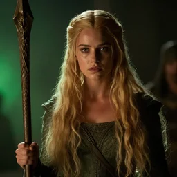 epic photo of young jessica biel as beautiful medieval sorceress with very long blonde hair, battle scene, holding her wizard staff, sweaty, neutral expression, perfect likeness, rim light glow, low contrast, soft light, low light, green hue, shallow depth of field, photorealistic, cinematic lighting, lovely bokeh, warm colours, night time, movie quality, green glow from the left, excalibur 1 9 8 5, movie still, cinemascope