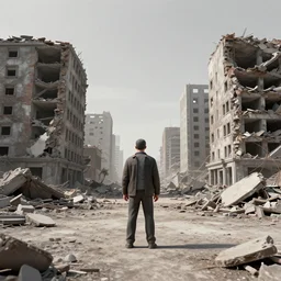 a man standing in the middle of a destroyed city, a detailed matte painting by jonas de ro, cgsociety contest winner, context art, matte painting, dystopian art, apocalypse art