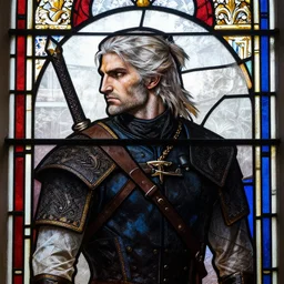 side - view portrait of radovid v the stern from the witcher 3, 1 0 th century stained glass window, very masterful