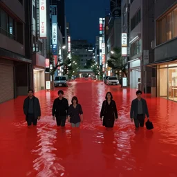 a street in tokyo flooded with red colored water, at night, 4 k, rtx, volume light, concept, studio matte painting, artstation, artur tarnowski, mihai muscan, marcin tomalak, marta leydy, marcin stepien, charlotte hughes