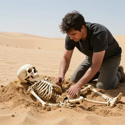 man digging up a human skeleton, desert, sand, skull