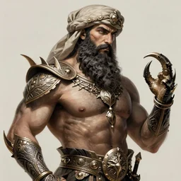 Portrait of bedouin D&D, muscular, wearing dragon claws, fantasy, intricate, elegant, thick beard highly detailed, digital painting, artstation, concept art, smooth, sharp focus, illustration, art by artgerm and greg rutkowski and alphonse mucha