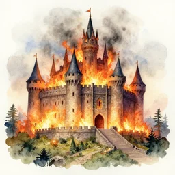 a burning castle, detailed watercolor