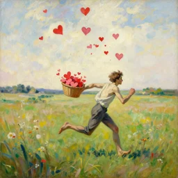 a beautiful painting of a thin man running after hearts floating in the air through beautiful fields. in his arm he has a basket full of hearts. in style of ilya repin, trending on artstation