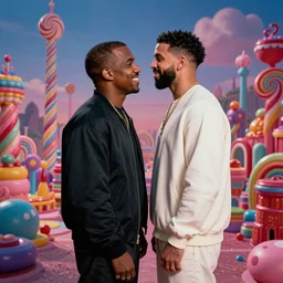 kanye west in love with drake, in a candyland, colorful