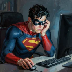 a insanely detailed painting of a masked superhero wearing a costume staring at the computer nervously and clicking on the mouse in the style of peter mohrbacher, dramatic lighting and composition, trending on artstation, concept art, comic book
