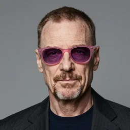 Portrait photo of walter white wearing pink sunglasses, color, studio lighting