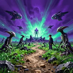 rocky ground with a dirt path, and grass surrounding it, xenorphs part of the ground, organic alien ships attack the ground from the sky, john howe, liam wong, highly detailed, vibrant and vivid, giger, purple, aquamarine, hunter green, contrast, bright lights,
