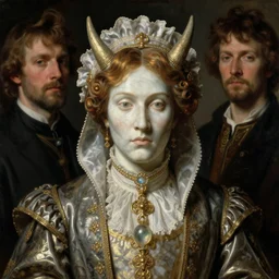 front symmetric face of demon marble statue in japanese costume, victorian head dress, by jan van eyck, tom bagshaw, jean delville, william bouguereau, albrecht durer, symbolist painting, mysterious mood