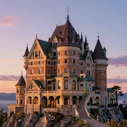 a close - up image of a victorian chateau on the top of a mountain at sunrise, artgerm, anime style, ghibli studio, pixar and disney style, magic, fantasy, hyperrealistic, concept art, octane render, unreal engine 5, trending on artstation, trending on deviantart, highly detailed, high quality, colorful, geometrically correct, high coherence, path traced,